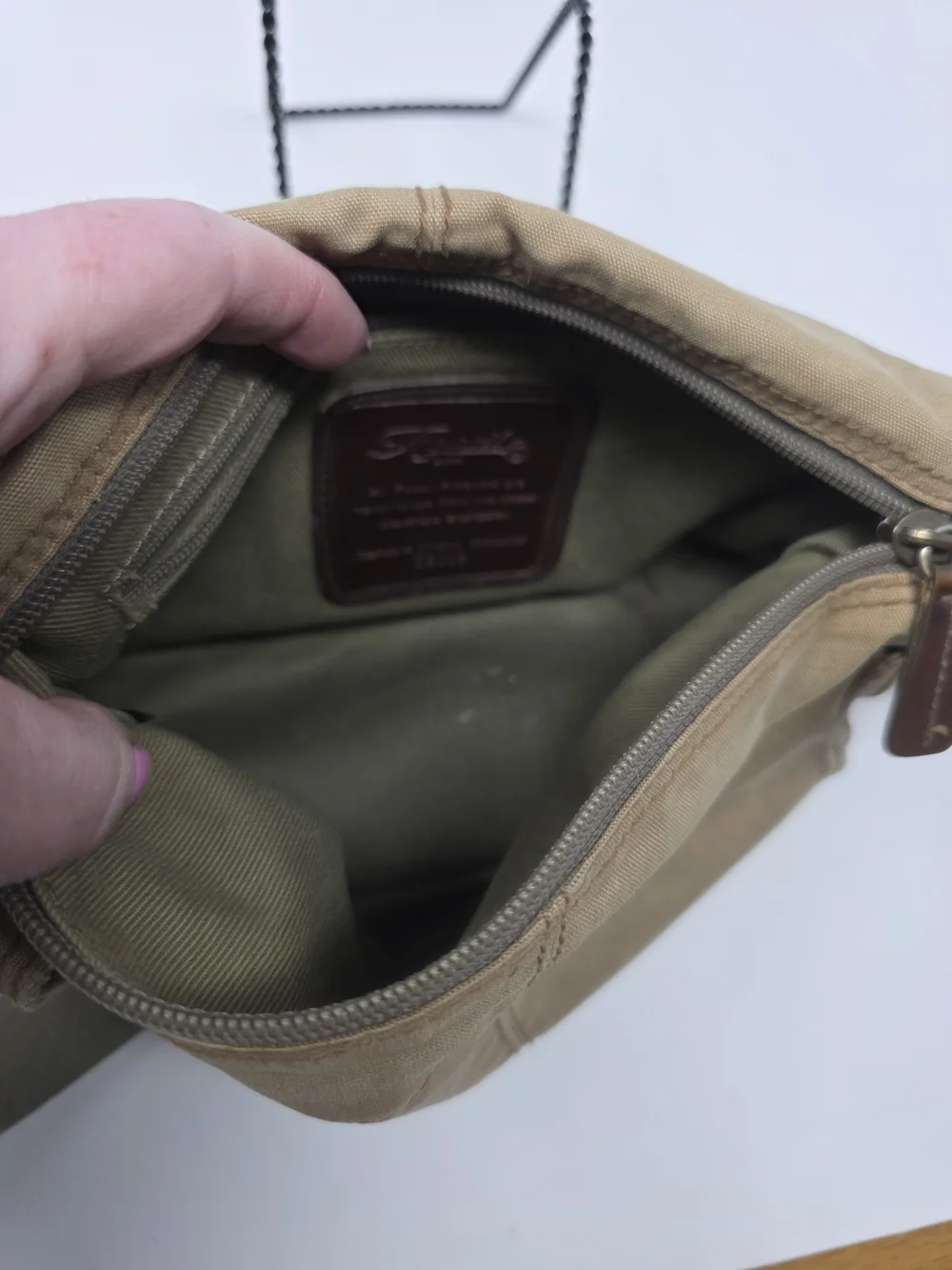 Fossil Tan Canvas Crossbody Bag Small Khaki Utility Shoulder Purse Leather Trim
